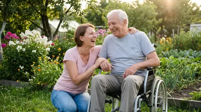 Eine erwachsene Tochter sitzt gemeinsam mit ihrem Vater im Rollstuhl im Garten. Beide lachen herzlich miteinander. Eine liebevolle und unterstützende Familienszene im Grünen.