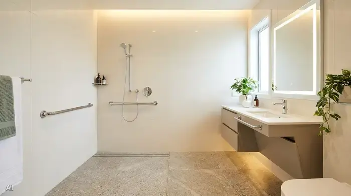 Ein helles, modern umgebautes und barrierefreies Badezimmer mit einer bodengleichen Dusche, eleganten Haltegriffen an den hellen Fliesen und einem rutschfesten Boden. Die Umgebung ist sauber, sicher und einladend.
