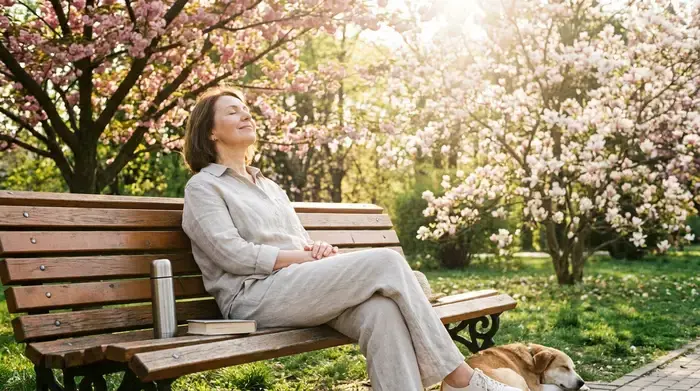 Eine sichtlich entspannte Frau mittleren Alters genießt eine ruhige Auszeit auf einer sonnigen Parkbank, umgeben von blühenden Bäumen. Sie hat die Augen geschlossen und atmet tief durch, ein Moment der Erholung.