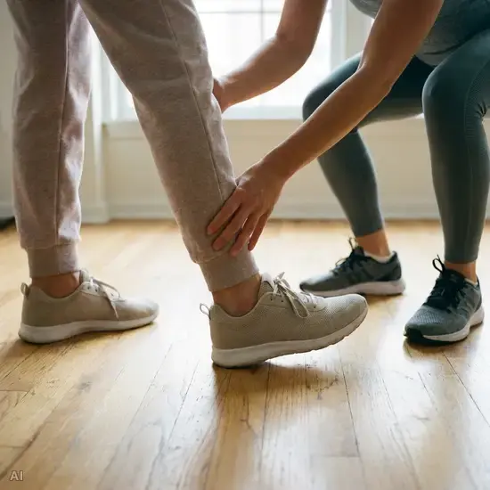 Eine Nahaufnahme der Beine eines Patienten in bequemer Kleidung, der mit Unterstützung eines Physiotherapeuten auf einem hellen Holzboden das Gehen übt. Fokus auf die sichere Platzierung des Fußes.