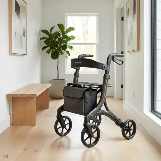 Ein moderner, leichter Carbon-Rollator mit einer speziellen Einhandbremse steht griffbereit in einem aufgeräumten Flur. Die Umgebung ist hell und einladend.