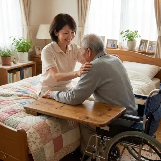 Eine fürsorgliche Pflegekraft unterstützt einen Patienten beim Transfer vom Bett in einen Rollstuhl. Sie verwenden ein stabiles Rutschbrett aus Holz in einem gemütlichen Schlafzimmer.