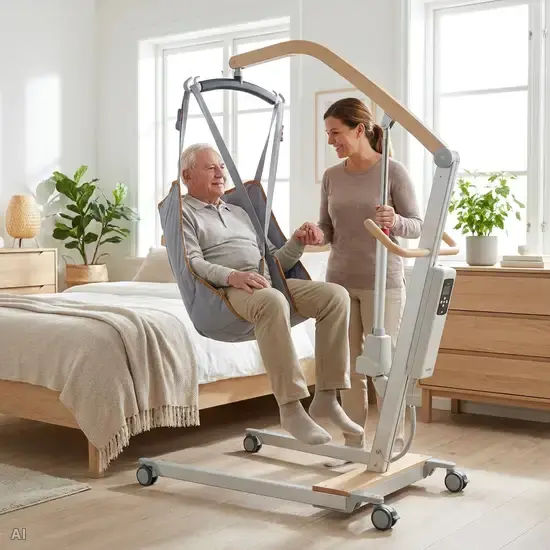 Ein moderner, elektrischer Patientenlifter in einem hellen Schlafzimmer. Der Patient wird sanft und sicher im Gurt gehalten, während die Pflegekraft beruhigend lächelt.