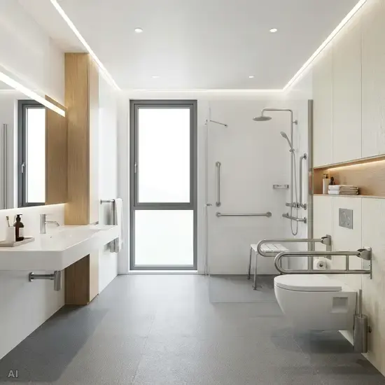 Ein barrierefreies, modernes Badezimmer mit einer bodengleichen Dusche, rutschfesten Fliesen und stabilen Edelstahl-Haltegriffen an den hellen Wänden.