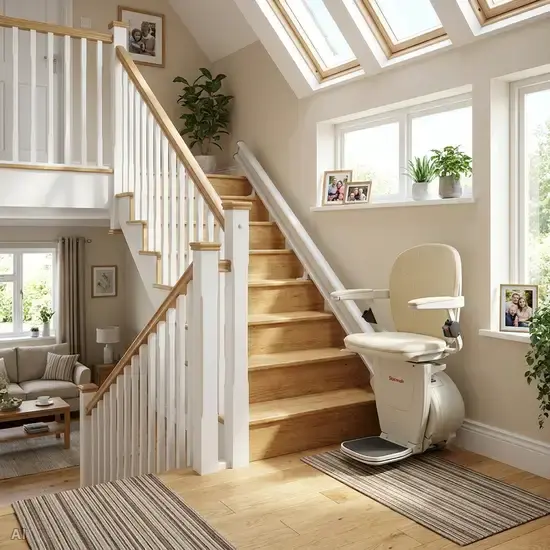 Ein bequemer Sitzlift fährt an einer hellen Holztreppe in einem gepflegten Einfamilienhaus nach oben.