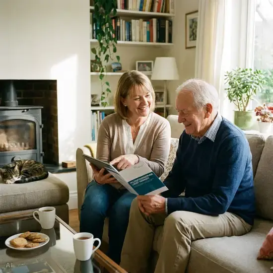 Eine freundliche Pflegeberaterin sitzt mit einem Patienten auf dem Sofa und erklärt ihm geduldig die verschiedenen Finanzierungsmöglichkeiten in entspannter Atmosphäre.