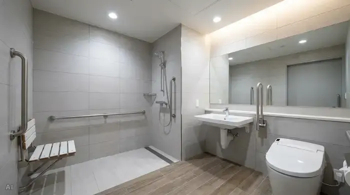 Ein modernes, barrierefreies Badezimmer mit einer bodengleichen Dusche, stabilen Haltegriffen an den hell gefliesten Wänden und einem klappbaren Duschsitz. Alles ist sauber, gut beleuchtet und sicher eingerichtet.