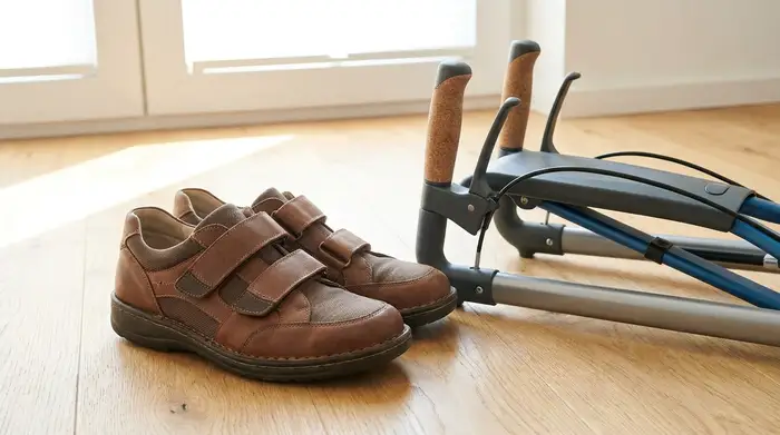 Ein gepflegter, bequemer Therapieschuh mit weiten Klettverschlüssen steht auf einem hellen Holzboden. Daneben lehnt ein moderner, leichter Rollator mit ergonomischen Handgriffen.