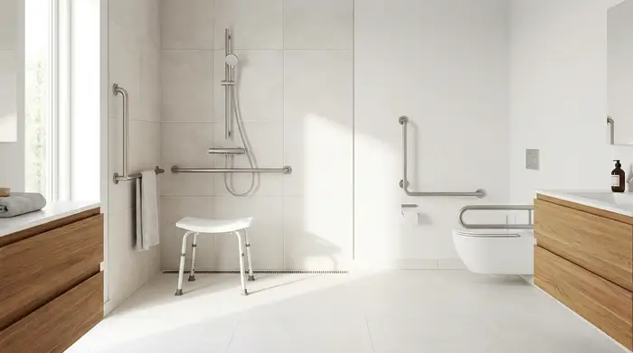 Ein helles, modernes und barrierefreies Badezimmer mit einer bodengleichen Dusche. In der Dusche steht ein stabiler, weißer Duschhocker, an der Wand sind sichere Haltegriffe montiert.