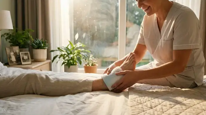 Die Hände einer pflegenden Frau legen sanft einen feuchten, kühlen Baumwollwickel um den Fuß eines Seniors. Helle, freundliche Schlafzimmerumgebung am Morgen, sanftes Sonnenlicht fällt durch das Fenster auf das saubere Bett.