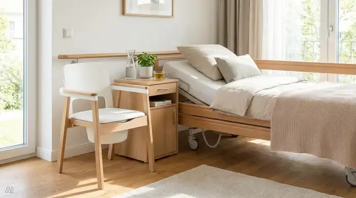 Ein freundlicher, moderner Toilettenstuhl steht griffbereit neben einem gemütlichen Seniorenbett in einem hellen Schlafzimmer. Auf dem Nachttisch steht eine Glaskaraffe mit frischem Wasser und Kräutertee. Gepflegte, saubere und sichere Umgebung.