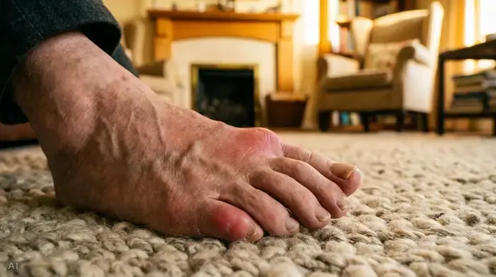 Eine Nahaufnahme des Fußes eines älteren Menschen, der auf einem weichen Teppich ruht, das Großzehengelenk ist leicht gerötet, im Hintergrund ein unscharfes, warmes Wohnzimmer.
