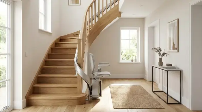 Ein moderner, eleganter Sitz-Treppenlift fährt an einer geschwungenen Holztreppe in einem hellen Flur hinauf, die Umgebung ist aufgeräumt und einladend.