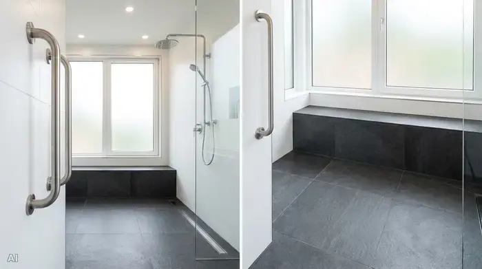 Eine helle, moderne und ebenerdige Dusche mit rutschfesten, anthrazitfarbenen Fliesen und einem stabilen, eleganten Edelstahl-Haltegriff an der weißen Wand.