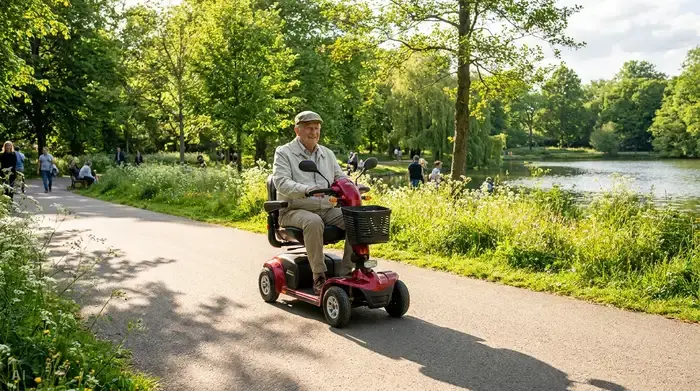 Ein rüstiger Senior fährt an einem sonnigen Tag mit einem modernen, roten Elektromobil auf einem gepflasterten Weg durch einen grünen Park.