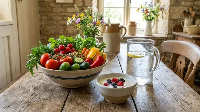 Ein rustikaler Holztisch mit einer gesunden, purinarmen Mahlzeit: Eine bunte Schüssel mit frischem Gemüse, fettarmem Joghurt und einem großen Glas stillem Wasser.