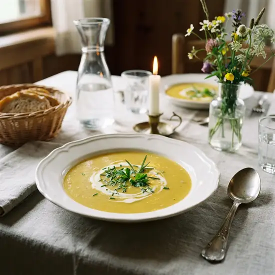 Eine dampfende, goldgelbe Kartoffelcremesuppe in einem weißen Porzellanteller, garniert mit einem Schuss Sahne und frischen Kräutern auf einem hübsch gedeckten Tisch.