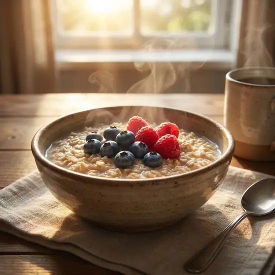 Ein appetitlicher Haferbrei mit frischen Heidelbeeren und Himbeeren in einer rustikalen Keramikschüssel, beleuchtet von warmem Morgenlicht.