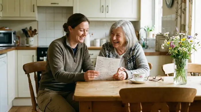 Eine freundliche Pflegekraft in dezenter Kleidung sitzt gemeinsam mit einer älteren Frau am Esstisch, beide schauen gemeinsam und lächelnd auf eine handgeschriebene Einkaufsliste.