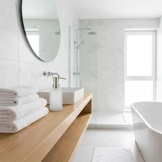 Ein sauberes, modernes Badezimmer mit ordentlich gefalteten weißen Handtüchern auf einer Holzablage. Neben dem Waschbecken steht ein eleganter Seifenspender aus satiniertem Glas. Die Szene wirkt hygienisch, frisch und aufgeräumt.