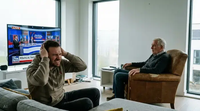 Ein frustrierter jüngerer Mann hält sich im Wohnzimmer leicht die Ohren zu, während im Hintergrund sein älterer Vater konzentriert auf einen laufenden Flachbildfernseher starrt. Realistische, leicht angespannte Alltagssituation in einem modern eingerichteten Zuhause.