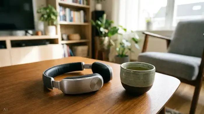 Nahaufnahme eines eleganten, modernen Kinnbügel-Kopfhörers, der auf einem hölzernen Couchtisch neben einer stilvollen Teetasse liegt. Helles Tageslicht und eine aufgeräumte, gemütliche Wohnzimmerumgebung im Hintergrund.