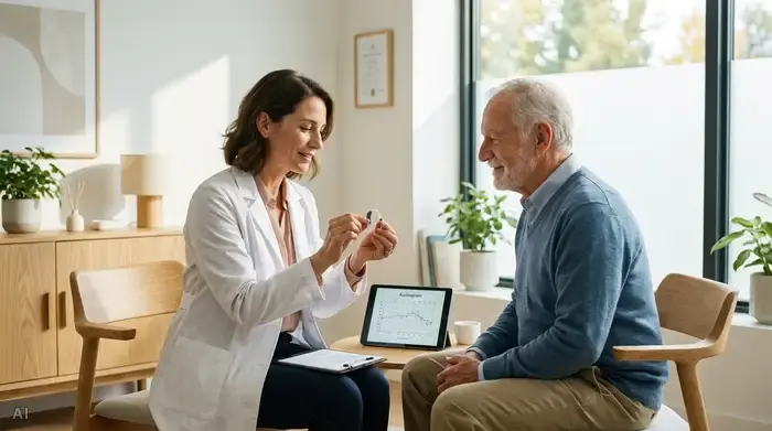 Eine einfühlsame Ärztin im weißen Kittel sitzt einem älteren Patienten in einer hellen, modernen Praxis gegenüber und hält ein winziges, modernes Hörgerät in der Hand. Vertrauensvolle, professionelle Atmosphäre mit warmem Licht.