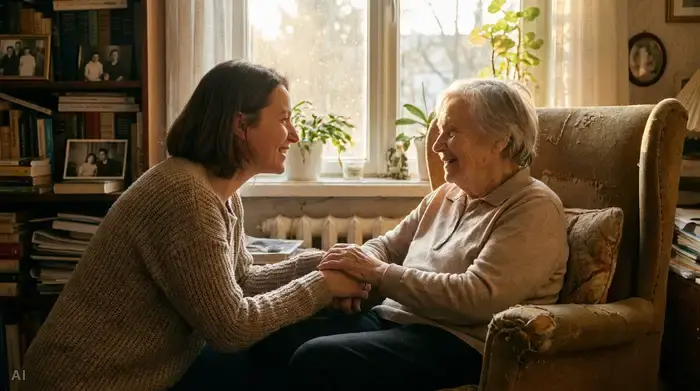 Eine erwachsene Tochter beugt sich leicht nach vorne und spricht auf Augenhöhe mit direktem Blickkontakt zu ihrer älteren Mutter, die aufmerksam zuhört. Beide lächeln herzlich, sanftes Licht fällt durch das nahegelegene Fenster.