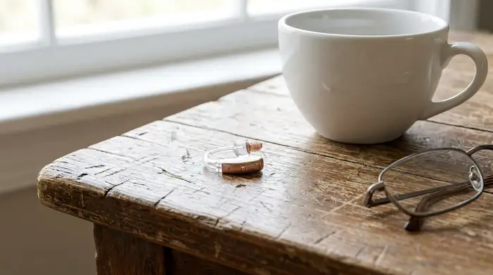 Ein detailliertes Close-Up eines modernen, winzigen Hörgeräts, das diskret auf einem rustikalen Holztisch neben einer weißen Kaffeetasse und einer Lesebrille liegt. Die Szene ist hell und freundlich beleuchtet.