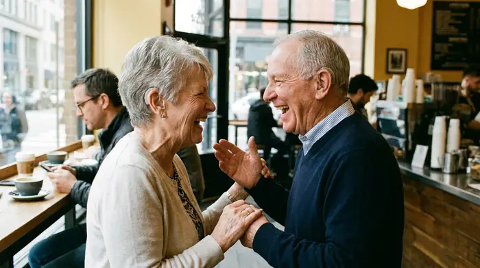 Ein fröhliches älteres Ehepaar sitzt lachend in einem belebten Café. Beide tragen unauffällige Hörgeräte und unterhalten sich angeregt, während im Hintergrund verschwommen andere Gäste und Kaffeetassen zu sehen sind.