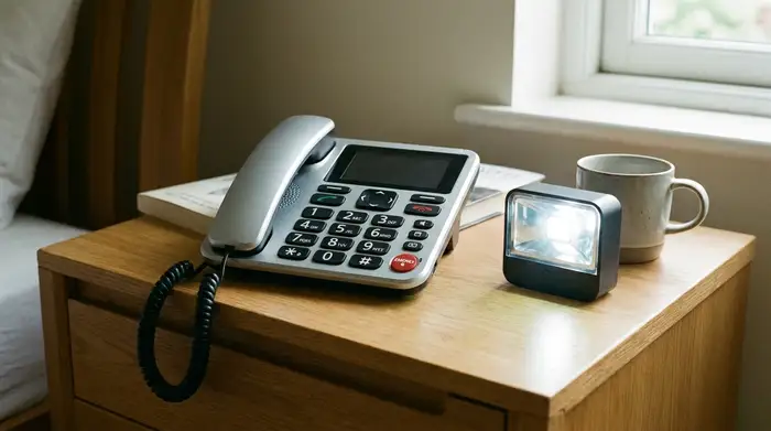 Ein elegantes, modernes Seniorentelefon mit großen, kontrastreichen Tasten steht auf einem aufgeräumten Nachttisch aus Eichenholz. Daneben leuchtet eine kleine, elegante Lichtsignalanlage mit einem hellen Blitz auf.
