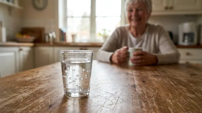Ein kleines, klares Glas mit Wasser, in dem sich winzige, unversehrte Kügelchen befinden. Das Glas steht auf einem hölzernen Küchentisch, im Hintergrund sitzt unscharf eine freundliche ältere Dame. Helles Tageslicht.