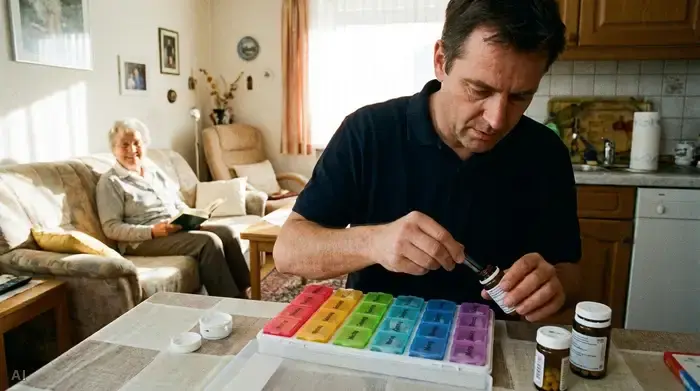 Ein pflegender Sohn füllt am Wochenende konzentriert einen bunten 7-Tage-Tablettendispenser für seine Mutter. Die Mutter sitzt entspannt im Hintergrund auf dem Sofa und liest.