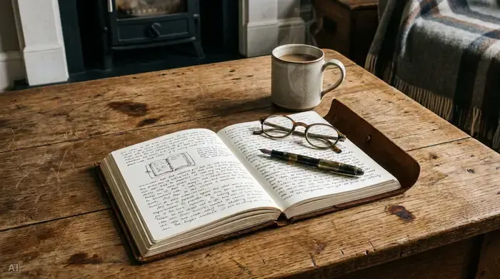 Ein aufgeschlagenes, handgeschriebenes Notizbuch liegt auf einem gemütlichen Holztisch, daneben eine Tasse Kaffee und eine Lesebrille. Ein Stift ruht auf den Seiten.