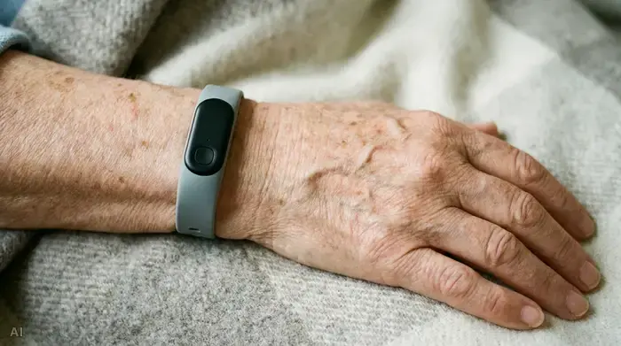 Eine Nahaufnahme des Handgelenks einer älteren Person, die ein modernes, unauffälliges Hausnotruf-Armband trägt. Die Hand ruht entspannt auf einer weichen Decke.