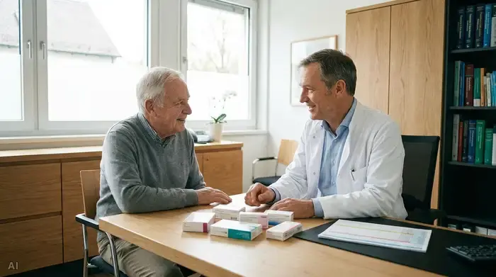 Ein älterer Herr sitzt im Sprechzimmer einem freundlichen Arzt gegenüber, sie besprechen Medikamente, helle und professionelle Arztpraxis, realistisch und vertrauensvoll.