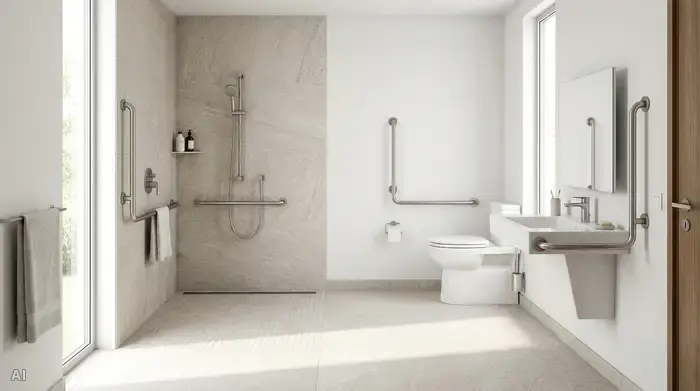 Ein modernes, helles und barrierefreies Badezimmer mit einer bodengleichen Dusche, rutschfesten Fliesen und eleganten Haltegriffen an der Wand, saubere und sichere Umgebung.