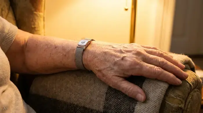 Nahaufnahme des Handgelenks einer älteren Person, die ein modernes, unauffälliges Hausnotruf-Armband trägt, entspannte Haltung im heimischen Sessel, warmes Licht.