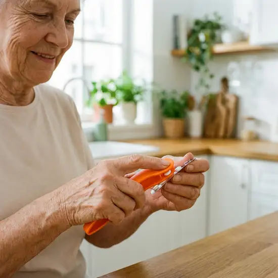 Nahaufnahme einer älteren Frau mit sanftem Lächeln, die mühelos eine Pille mit einer ergonomischen Kunststoff-Ausdrückhilfe aus einem Blister befreit. Der Hintergrund ist eine aufgeräumte, helle Küche.