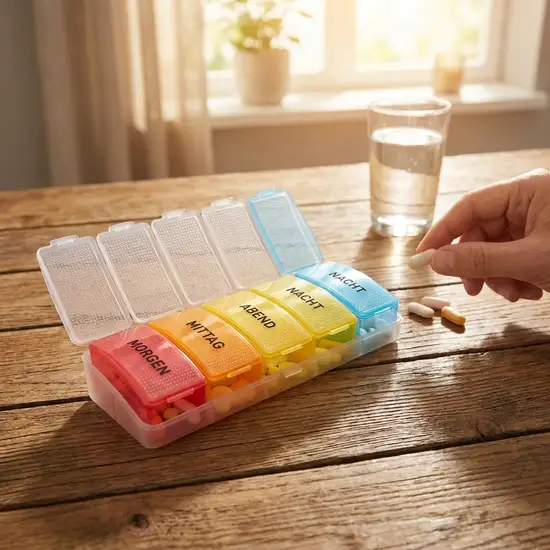 Ein praktischer, bunter Wochendosierer liegt auf einem hölzernen Tisch neben einem Glas Wasser. Klare, strukturierte Fächer für verschiedene Tageszeiten, warmes Licht.