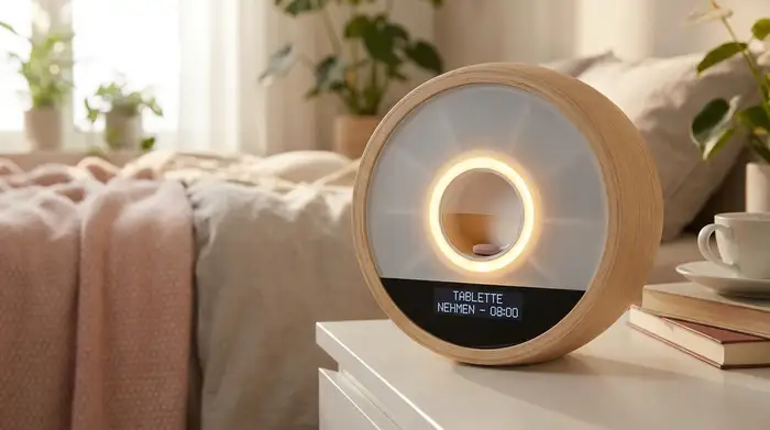 Ein moderner, runder automatischer Tablettenspender auf einem Nachttisch. Ein kleines, leuchtendes Licht signalisiert die Einnahmezeit. Im Hintergrund ein unscharfes, gemütliches Schlafzimmer.