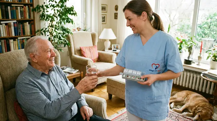 Eine freundliche, professionelle Pflegekraft im hellen Kasack reicht einem dankbaren Senior ein Glas Wasser und seine vorbereiteten Medikamente in einem gemütlichen Wohnzimmer.