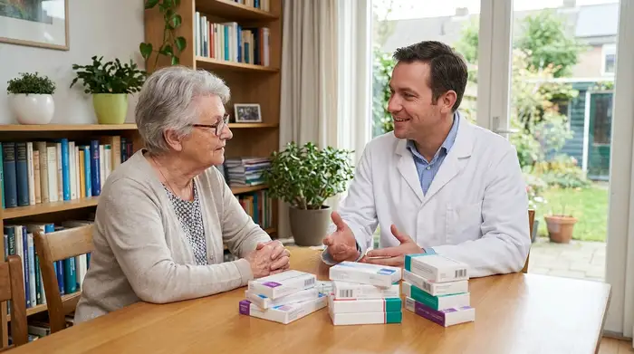 Ein engagierter Apotheker im weißen Kittel bespricht in einem ruhigen Beratungsraum verschiedene Medikamente mit einer älteren Dame. Auf dem Tisch liegen mehrere Schachteln geordnet beisammen.