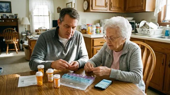 Ein erwachsener Sohn und seine ältere Mutter sitzen gemeinsam am Esstisch und sortieren konzentriert Medikamente, ein Smartphone liegt griffbereit daneben.