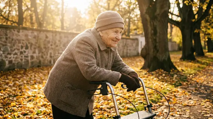 Eine ältere Dame stützt sich bei einem Spaziergang im herbstlichen Park leicht vornübergebeugt auf ihren Rollator, ihr Gesichtsausdruck zeigt Erleichterung durch die Stütze. Goldene Blätter und sanftes Sonnenlicht im Hintergrund.