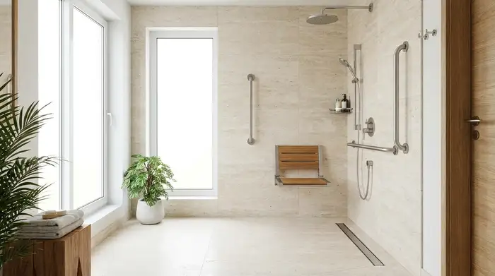 Eine elegante, moderne barrierefreie Dusche mit einem stabilen, hochgeklappten Duschsitz und stilvollen Haltegriffen aus Edelstahl. Helle, großformatige Fliesen und ein Fenster mit Tageslicht sorgen für eine sichere und einladende Badezimmeratmosphäre.