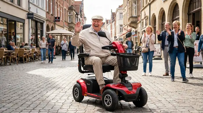 Ein rüstiger Senior fährt fröhlich mit einem modernen roten Elektromobil über einen gepflasterten Weg in einer gepflegten Fußgängerzone. Er trägt eine leichte Jacke und genießt sichtlich die zurückgewonnene Mobilität.