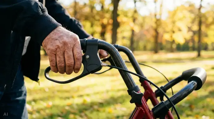 Eine Nahaufnahme der Hände eines Senioren, die sich sicher auf die ergonomischen Griffe eines modernen Rollators stützen. Schöner, unscharfer Naturhintergrund im Park, helles Tageslicht.