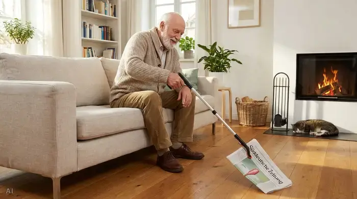 Ein älterer Mann sitzt bequem auf einem hellen Sofa im Wohnzimmer und benutzt eine lange Greifzange, um mühelos eine Zeitung vom Holzfußboden aufzuheben. Gemütliche, aufgeräumte Umgebung.