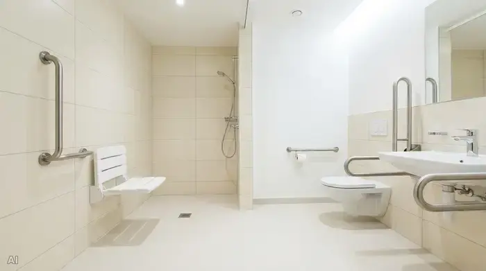 Ein modernes, barrierefreies Badezimmer mit begehbarer Dusche. An der hell gefliesten Wand ist ein klappbarer, weißer Duschsitz und ein stabiler Edelstahl-Haltegriff montiert. Saubere, sichere Umgebung.